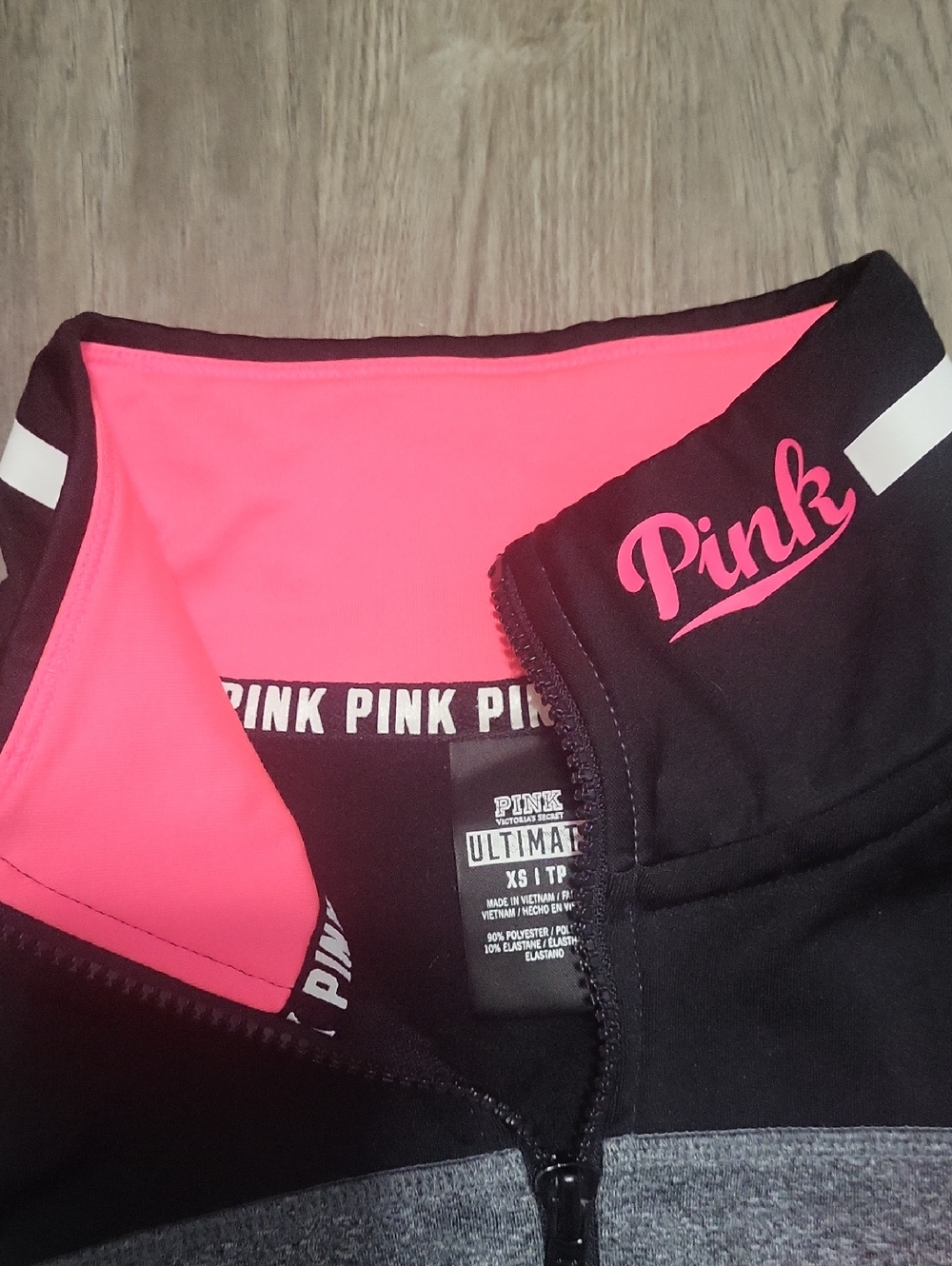 PINK Victoria's Secret Black & Neon Pink Athletic Zip Chicago Jacket Sz Xs - Picture 5 of 6